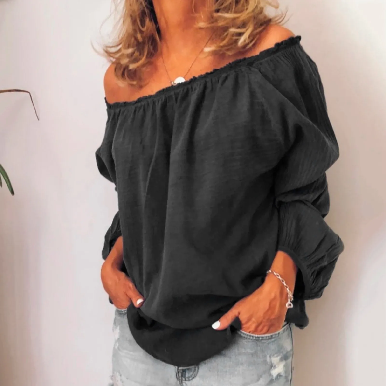 Women Solid Color Casual Off Shoulder Blouse Shirt Tops Plus Size Blouse Women One Neckline Pleated Elastic Lady\'S T-Shirt