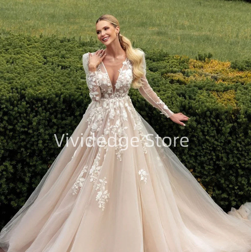 Robe de mariée en dentelle à manches longues et col en V pour les patients, appliques personnalisées, sexy, dos nu, grande robe éducative, quel que soit