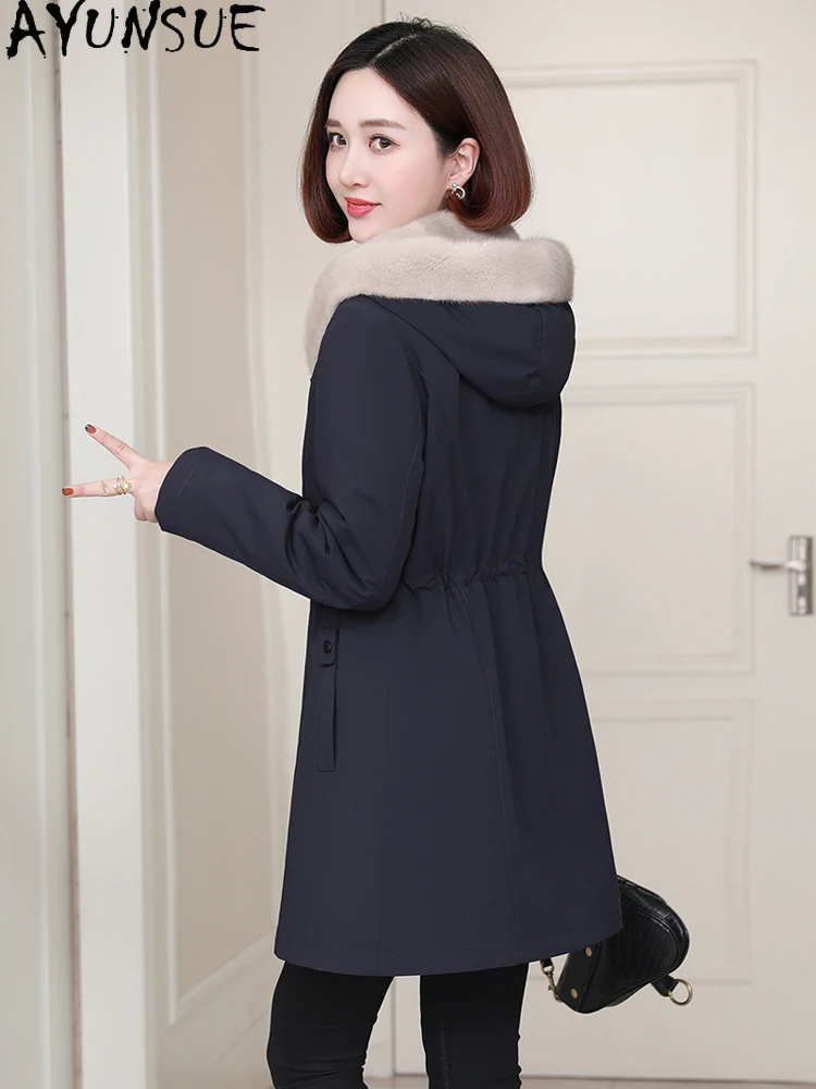 AYUNSUE 本物のミンクファーコート レディース 2025 冬服 本物の毛皮コート レディースコート ミドル丈パーカー 裏地取り外し可能 Пальто Женское