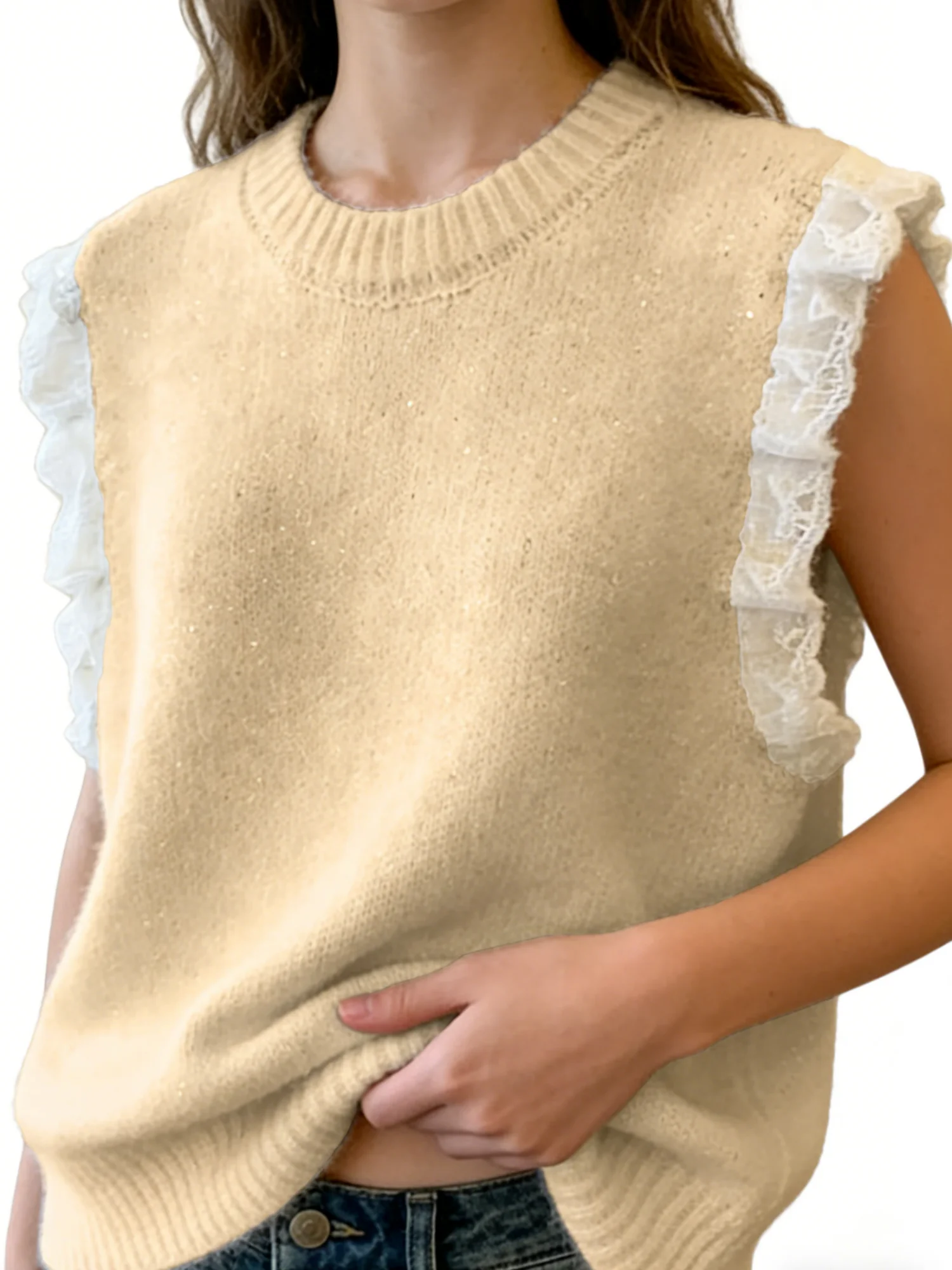 

Women's plus size spring summer elegant casual lace border simple round neck knitted pullover vest