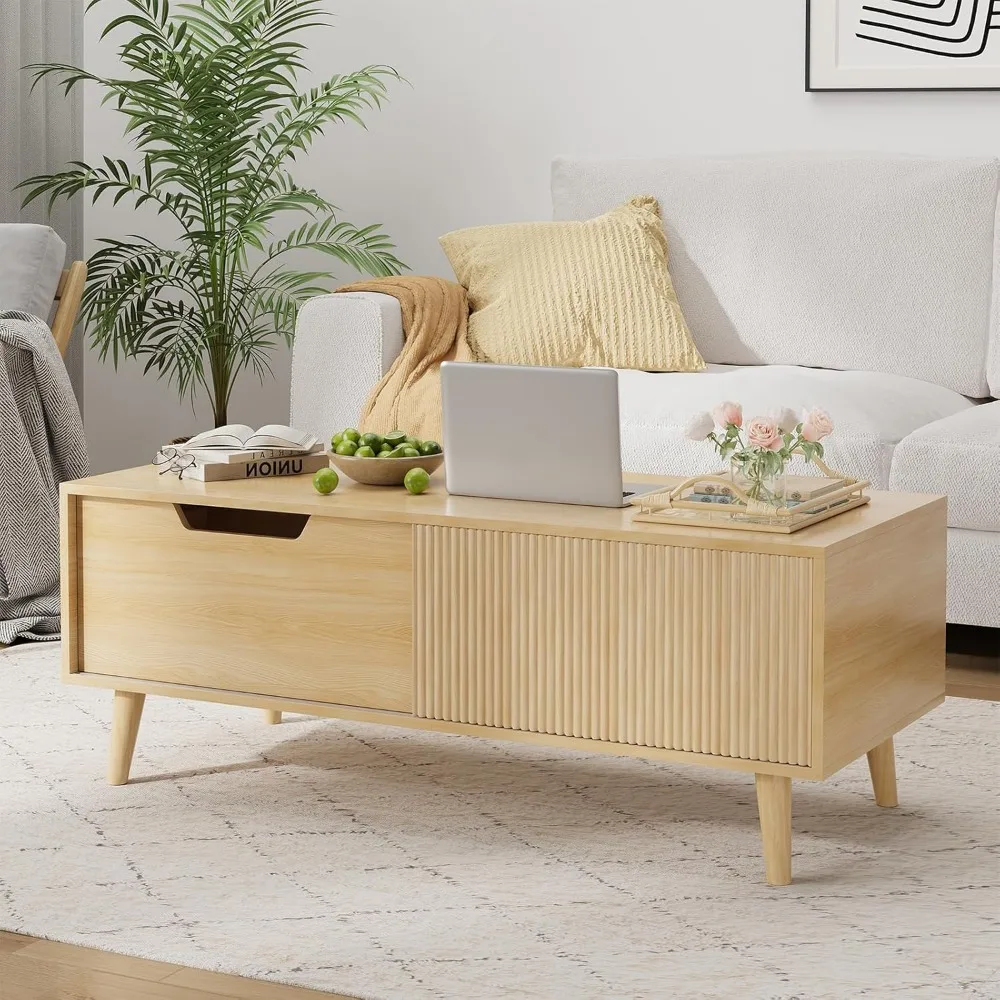 

47" Modern Coffee Table with Storage, Light Wood Accent Center Tables with Sliding Fluted Door Panel and Drawer, Boho Minimalist