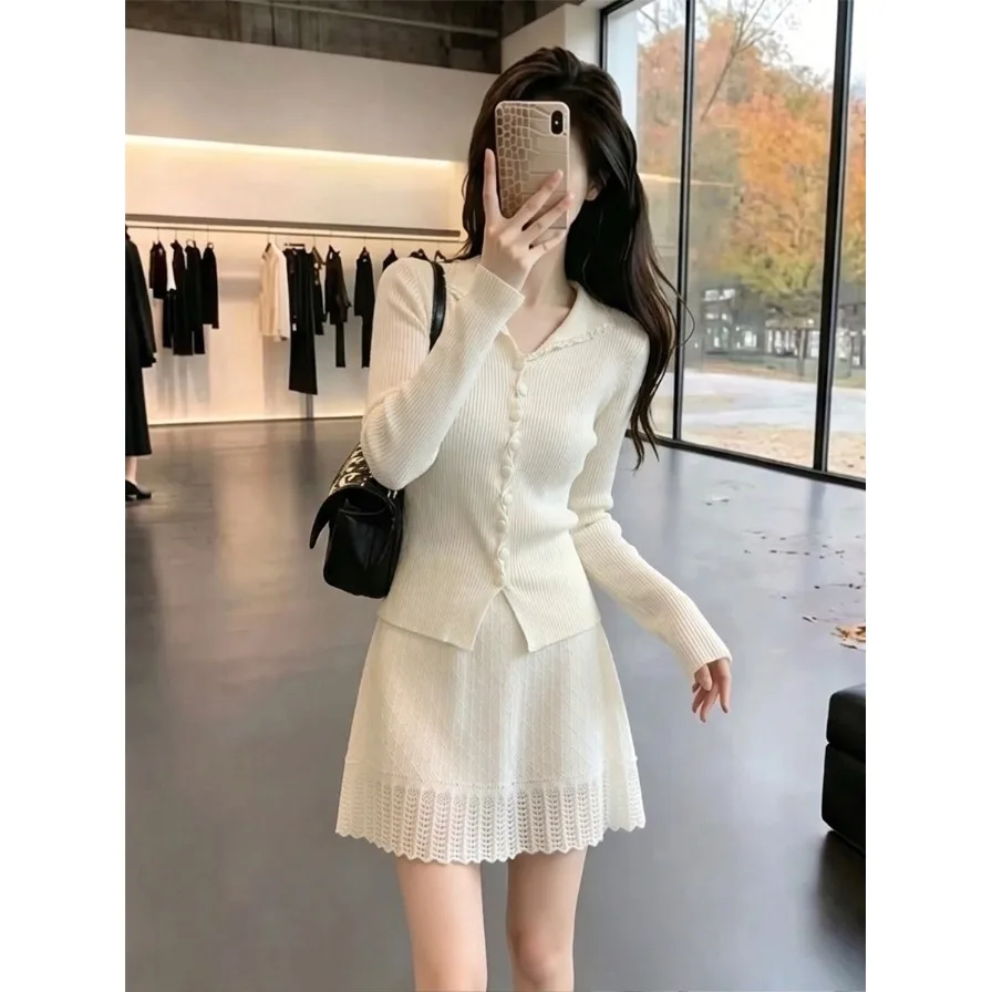 Autumn Winter Soft Style Warm Wheat White Long Sleeve V Neck Lapel Open Cardigan Knitted Slimming Personality Women's Fashion