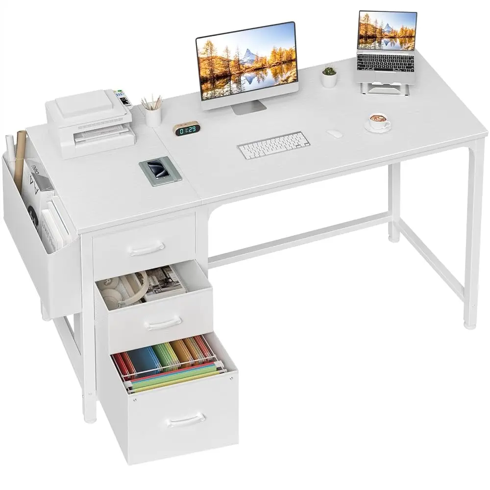 

White Computer Desk With Fabric File Drawers Cabinet, 55 H Reversible Desks With Storage Filing Cabinet For Home Office, Modern