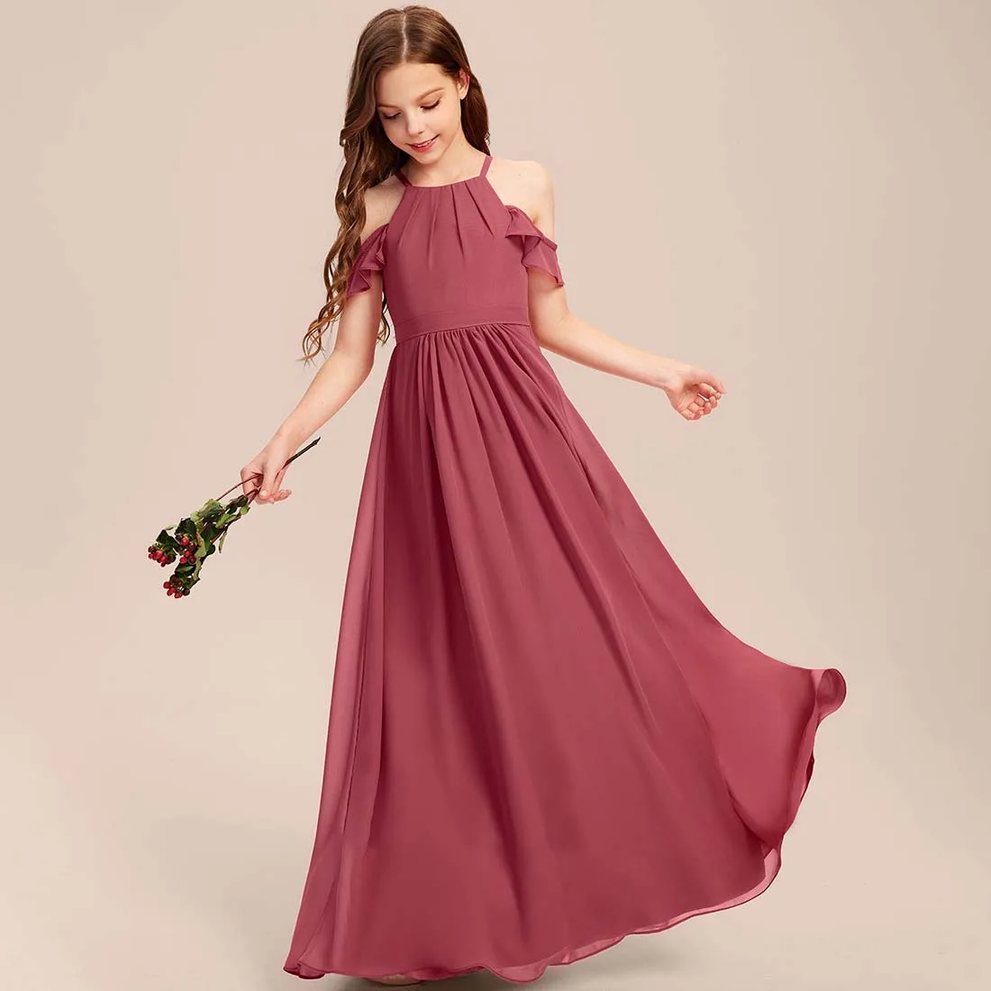 YZYmanualroom Chiffon Junior Bridesmaid Dress A-line Halter Floor-Length 2-15T