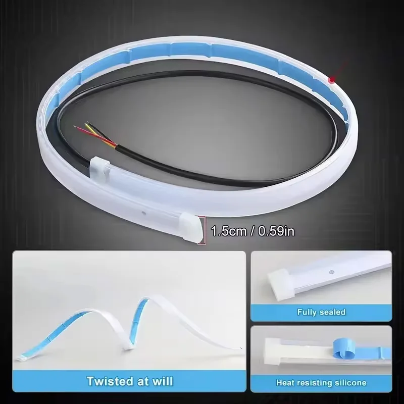 2pcs LED DRL Car Daytime Running Light Signal Lamp Flexible Decorative Strip Auto Headlights White Turn Yellow Flowing Signals