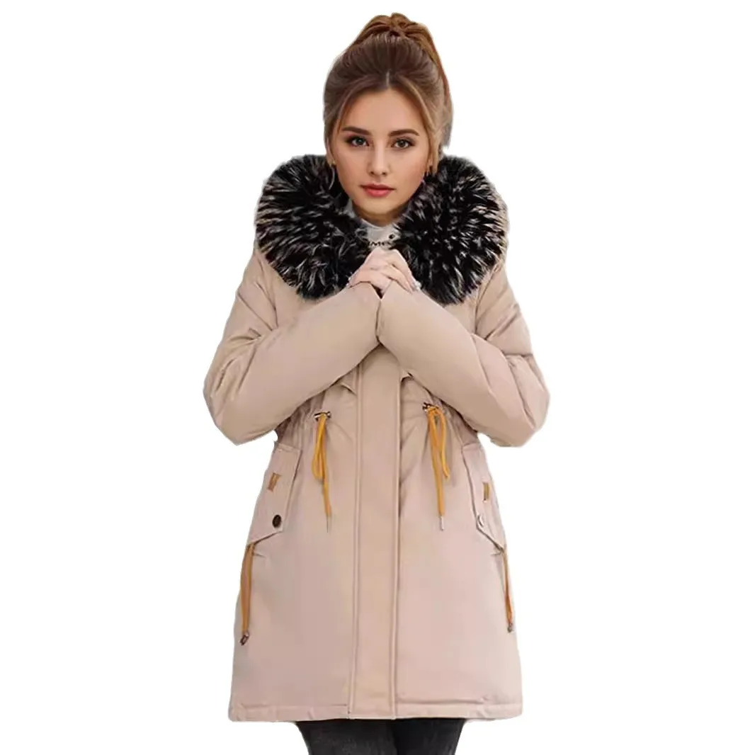 Women\'s Parkas Coats Winter Female Fur Collar Thicken Warm Cotton Jacket Women Waist Drawstring Casual Jacket Women\'s Outerwear