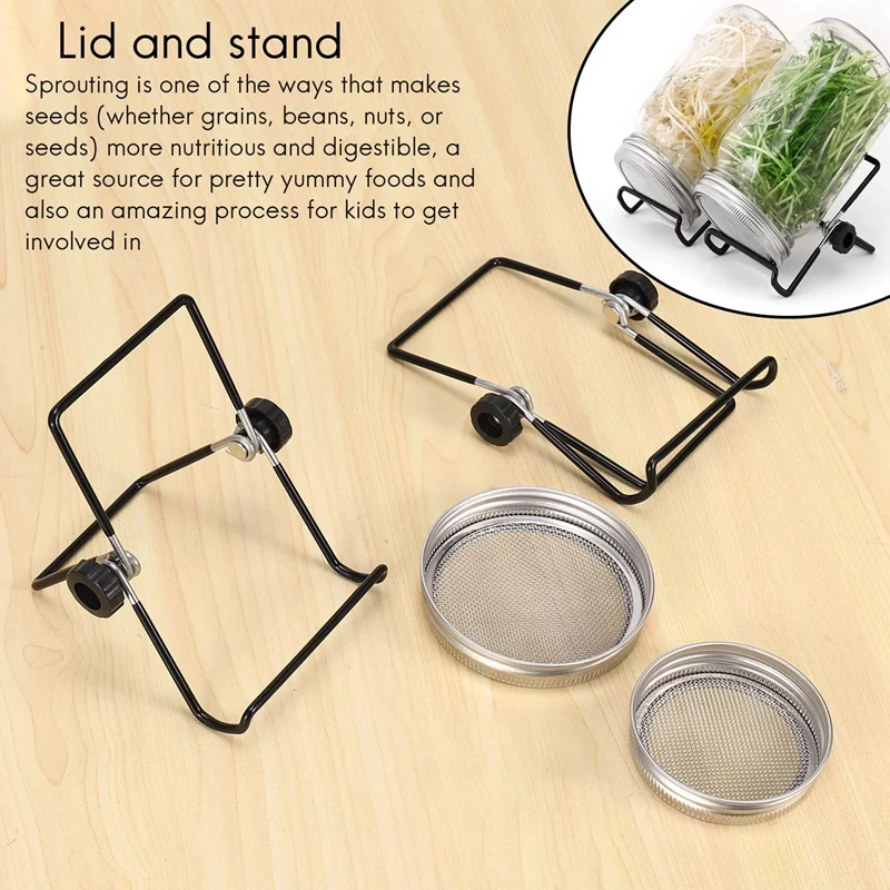 Sprouting Jar Mesh Lids Kit - 4 Pcs Sprouting Lids Stainless Steel Screen 2 Sprouting Stands Pack Foldable Adjustable