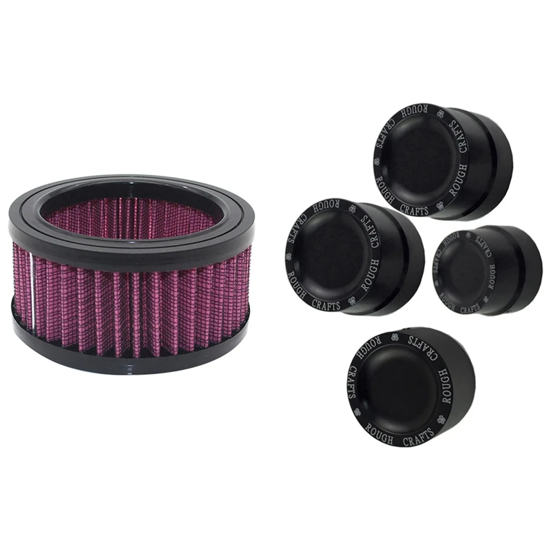 Replacement Air Cleaner Intake Filter With 4 Pcs Black Aluminum Rough Craft Carving Front & Rear Axle Nut Covers Caps