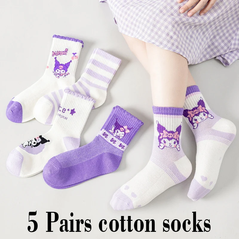 5 Pairs Sanrio Cinnamoroll Girls Socks Kuromi Kawaii Spring and Autumn Cartoon Children Mid-calf Socks Cotton Sock for Girls