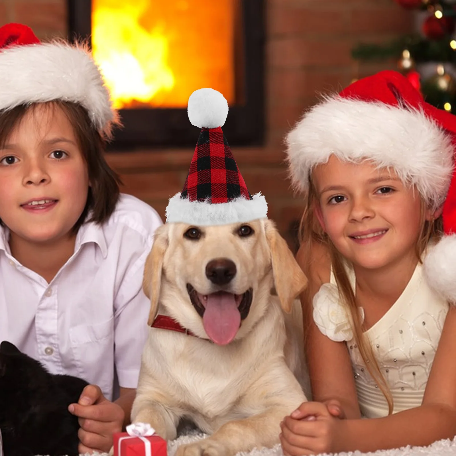 

2Sets Adjustable Pet Christmas Hat Plaid Bow Tie Collar Small Dog Cat Party Decorations Photography Props Puppy Supplies