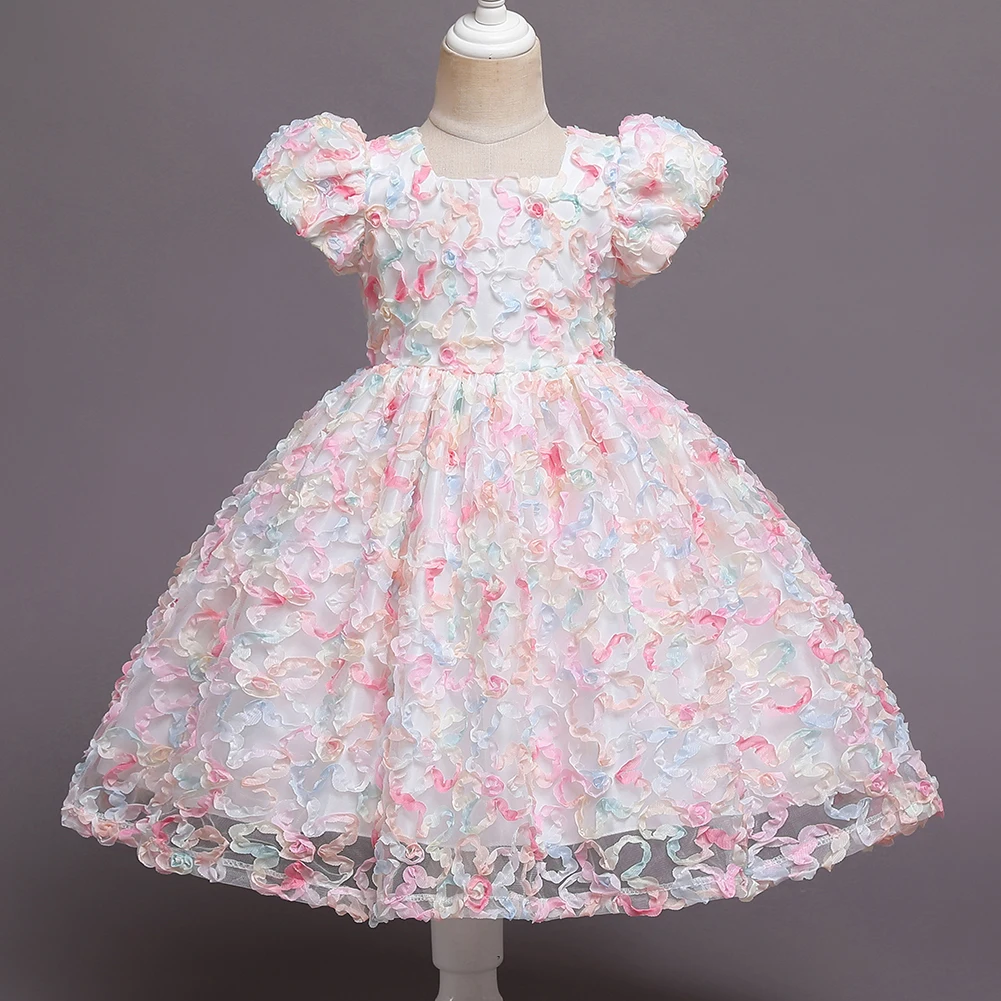 Dress Girl 3 Colors 100cm-150cm Children Short Sleeve Princess Skirt Mesh Wedding Party Baby Ball Gown Vestidos