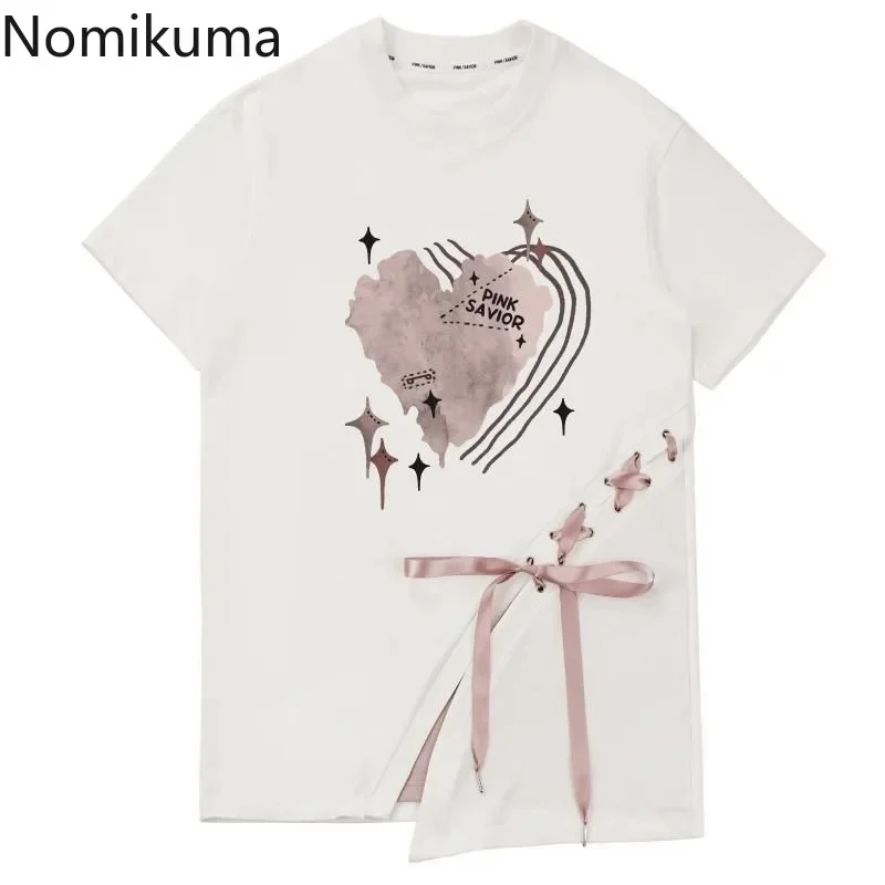 Japanese Woman Tshirts 2023 Ropa Mujer Patchwork Print Bandage Y2k T Shirts Fashion Summer Tees Oversized Tops Sweet T-shirts