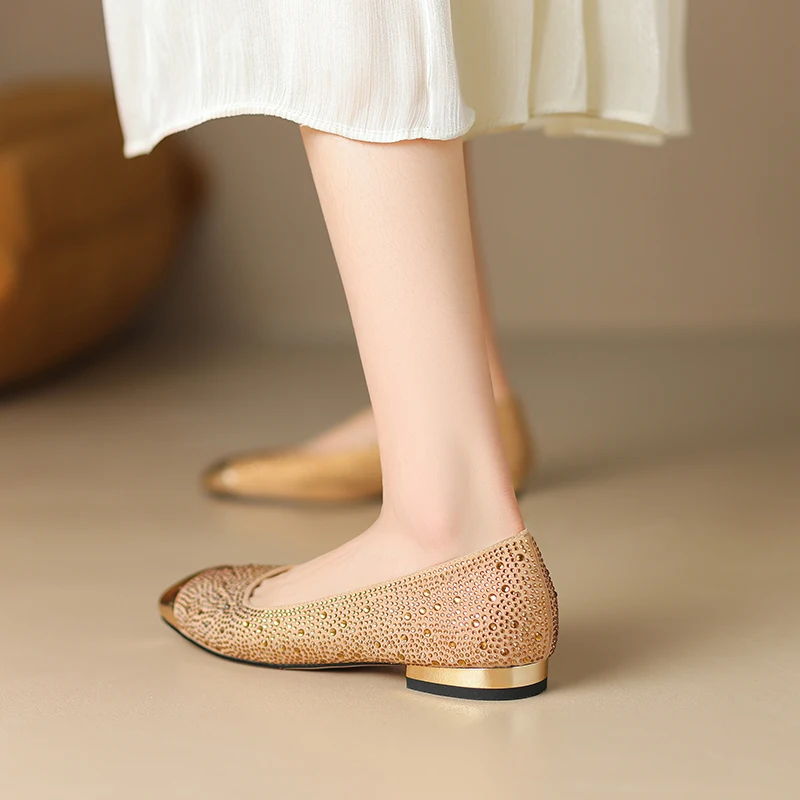 

Women's Genuine Leather Black Loafers Flats Elegant Luxury Lady Square Toe Designer High Quality Shoes Metal Woman Slip-on