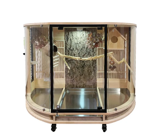 Panoramic view of Parrot Bird Cage Villa Luxury Solid Wood King Kong Grey Parrot Monk Queen Special Splash-proof Small Golden Su
