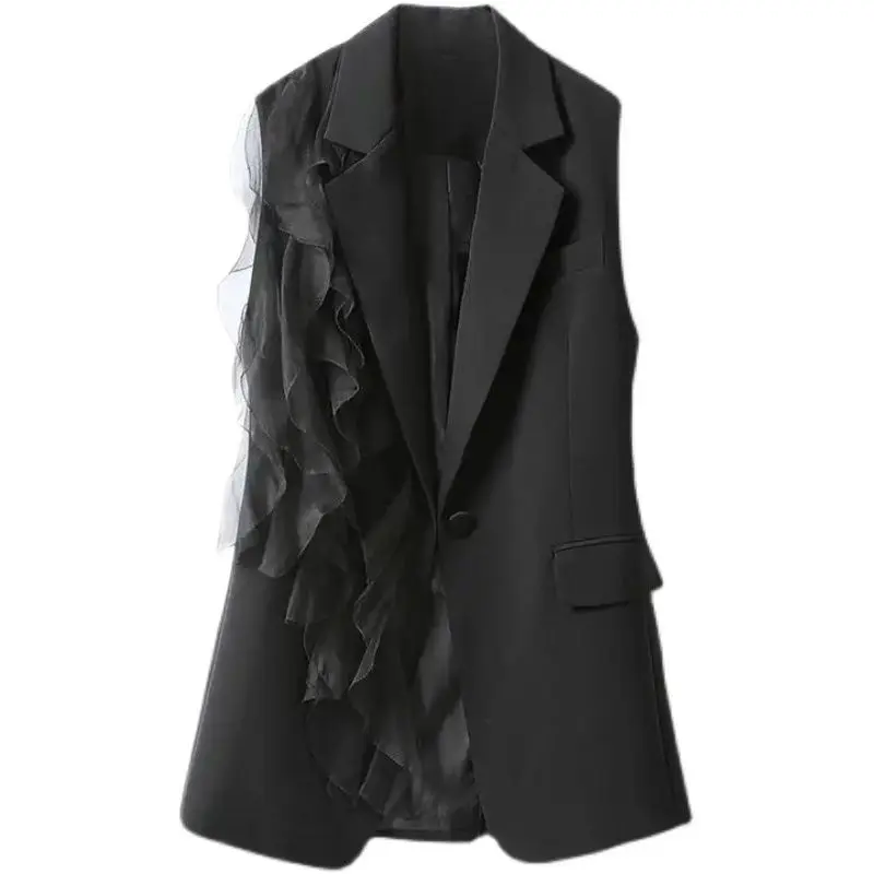 

SuperAen Black Vest Women's Summer 2024 New Korean Style Fashion Splice Chiffon Wooden Ear Edge Vest