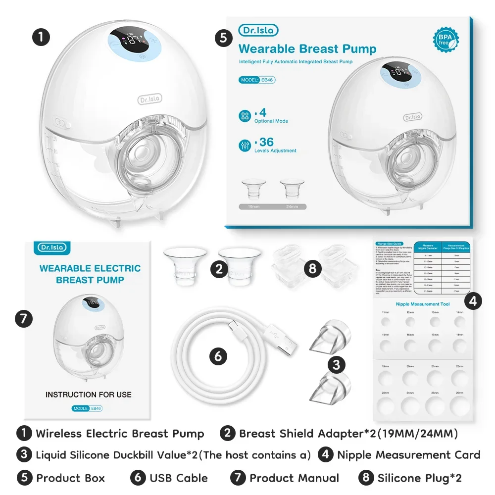 Wearable Electric Breast Pump 4 Modes 36 Suction Levels Hands-Free Milk Collector with 19/24mm Flange for Comfortable Feeding
