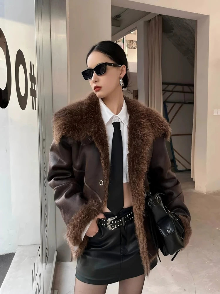 

Куртка Heide Diary в американском ретро-стиле, утепленная, из кожи с меховой подкладкой, мотоциклетная, укороченная, для женщин, зимний сезон