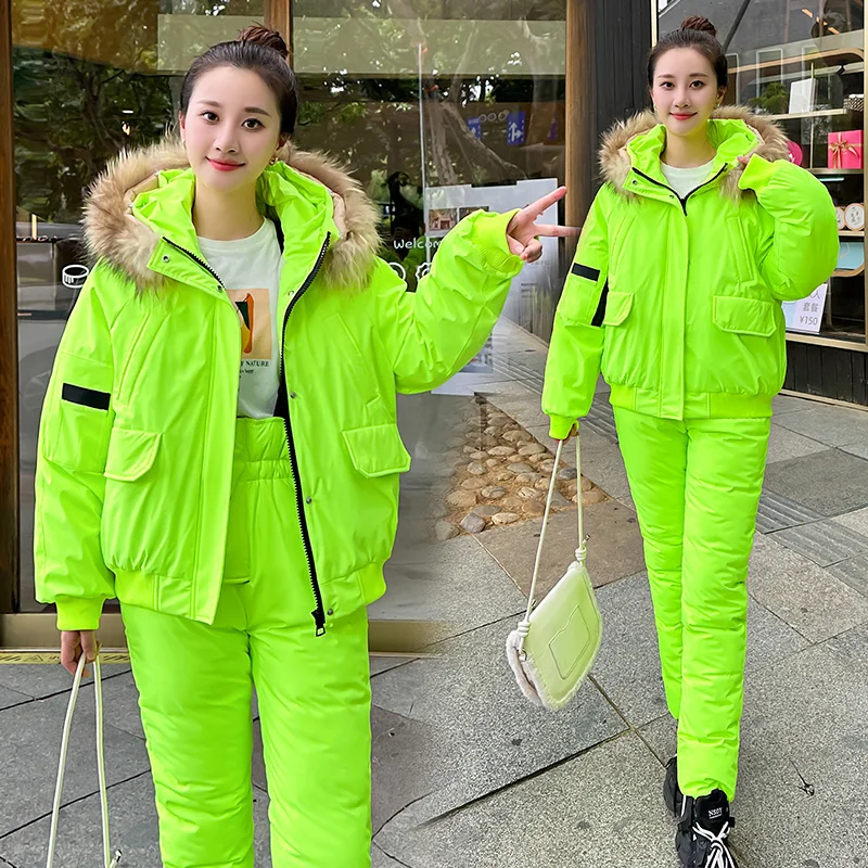 Winter Outdoor Women Waterproof SnowSuit Down Jacket Hooded Parka One Piece Ski Jumpsuit Skiing Pant Sets Sports Female 2 pieces