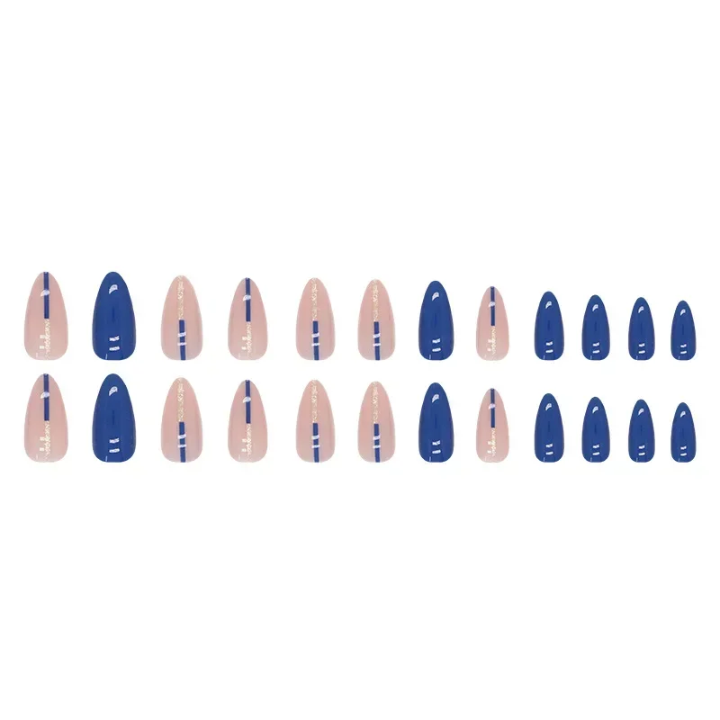 24Pcs Almond Press on Nail Tips Blue Glitter Patchwork Finger False Nails Art Finished Artificial Acrylic Fake Nails Removable