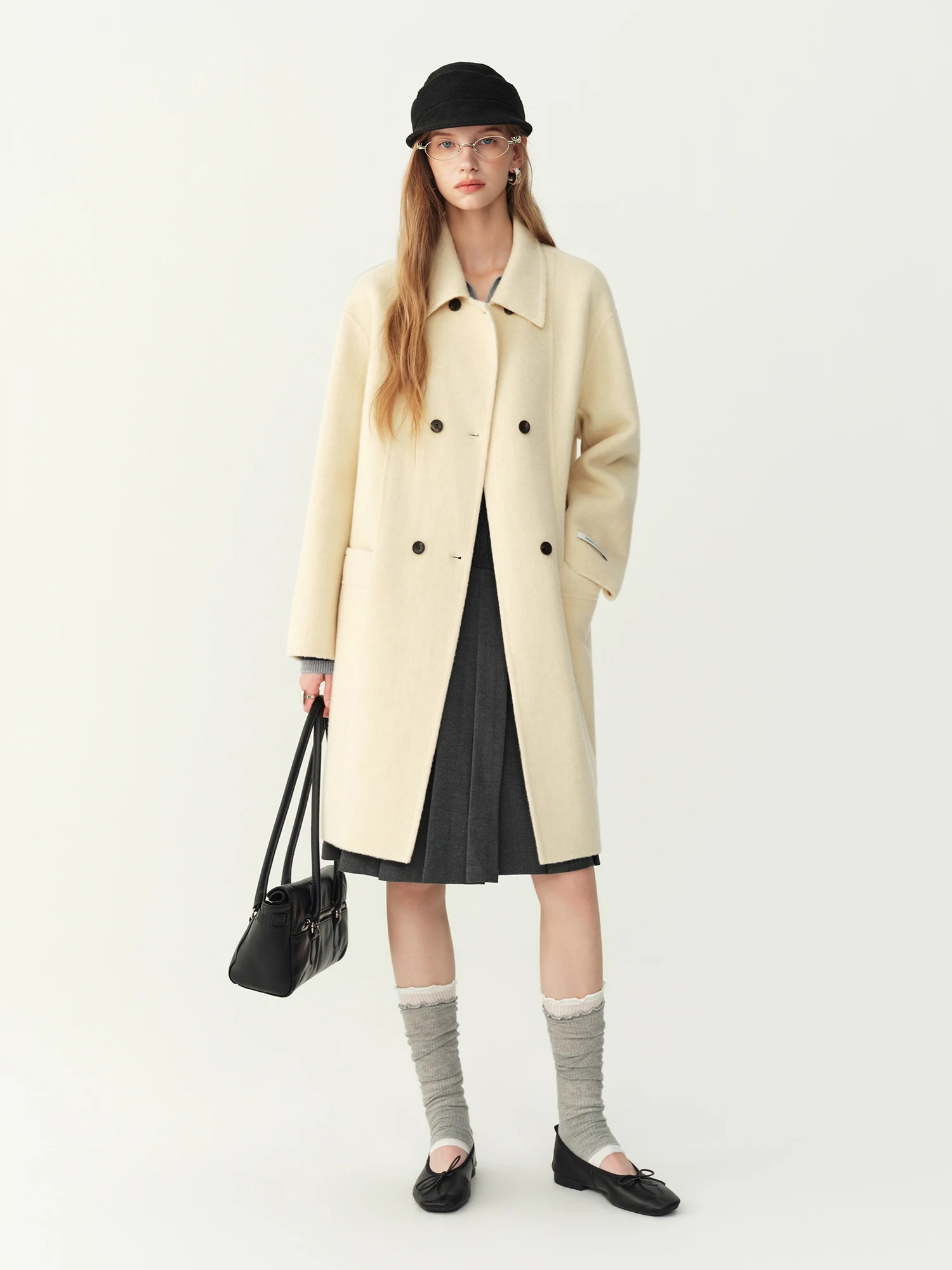 FSLE Women Double‑Faced Coat Fine Wool Camel Hair Blend, Wide Lapel Collar Loose Straight Fit, New Winter Casual Outerwear Coat