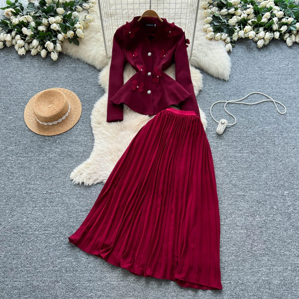 

Chic Vintage Ruched button Elegant High Waist Korean Fashion Vestidos Two Piece Set women clothing