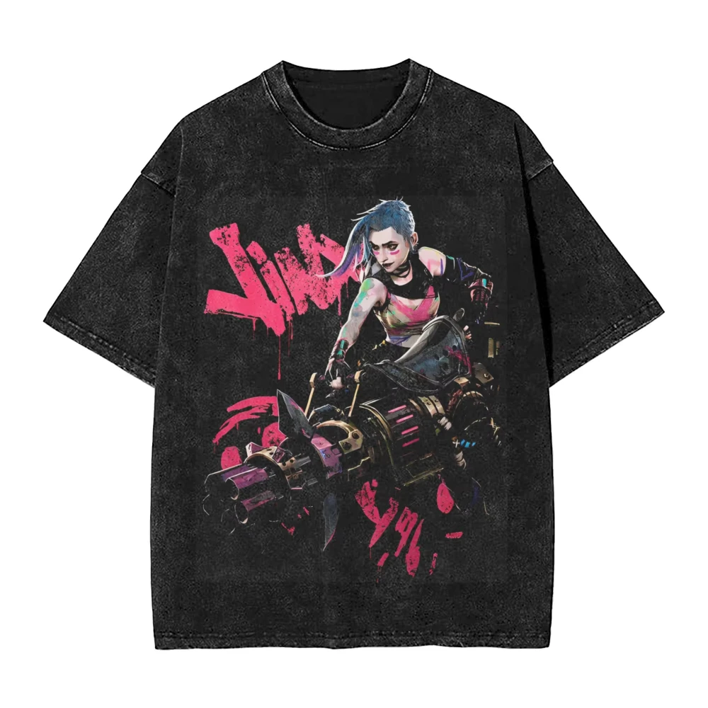 2025 Hot Anime Arcane Jinx T Shirt Hip Hop Washed Cotton T-Shirt Men Women Tops Oversized Streetwear Summer Tops Tees Clothing