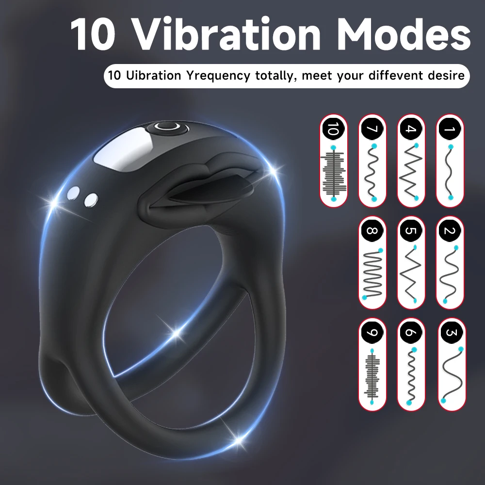 Tongue Design Vibrating Cock Ring 10 Modes Rechargeable Penis Ring G-spot Clitoral Stimulator for Male Couple Sex Toys for Man