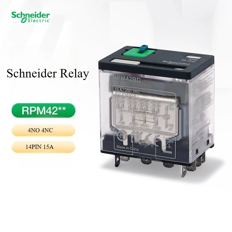 Schneider Wide Pin Relay RPM42BD 14-Pin 15A High Current Intermediate Electromagnetic Relay DC24V AC230V
