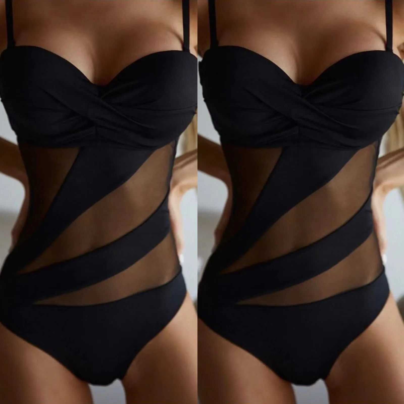 Mesh Patchwork Swimsuit One Piece Solid Swimwear Women Monikini Push-up Bra Hollow Out Bathing Suit Female Summer Beach Bodysuit