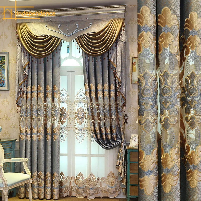 

European Style Gray Gold Embroidered Thickened Chenille Curtains for Living Room Bedroom Custom Villa Valance Window Screening