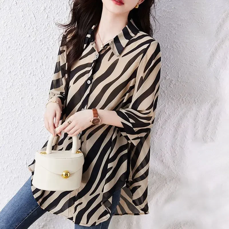 Zebra Printed Loose Blouse Women's Clothing Commute Single-breasted 2024 Spring Summer 3/4 Sleeve Korean Polo-Neck Shirt Z539