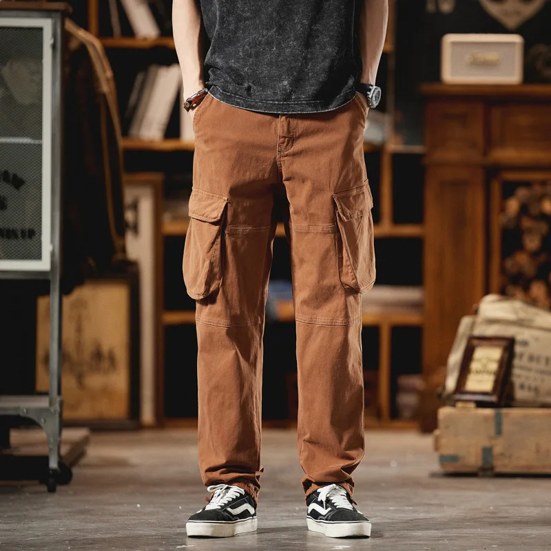 Men\'s Streetwear Loose Casual Vintage Pure Cotton Big Pocket Straight Cargo Pants Cityboy Trousers