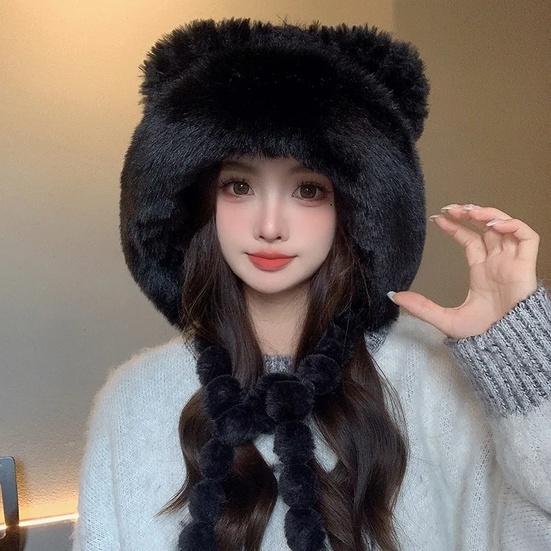 Imitation fur plush hat Girl autumn and winter high-end feeling thickened cold proof and warm ear protection hat big frayed H1