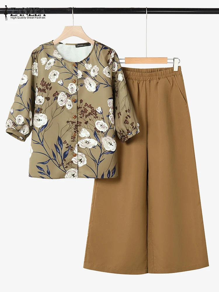 

ZANZEA 2025 Spring Holiday 2PCS Outfits 3/4 Sleeve Floral Shirts Women's Casual Solid Wide Leg Pants Pant Sets Elegant Suits