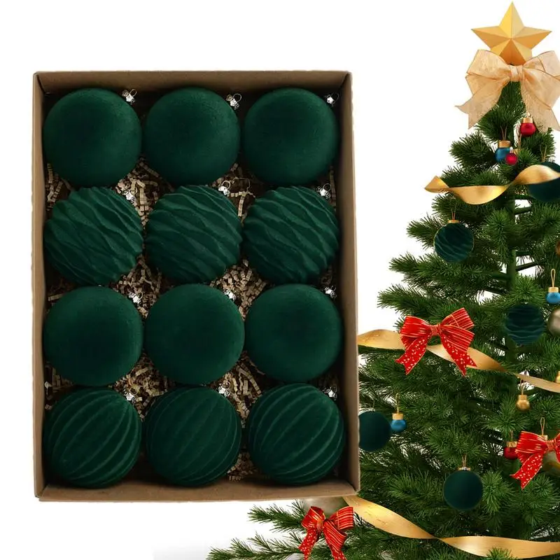 12pcs Christmas Ball Ornaments Set Velvet Christmas Balls with Hanging Hoop Tree Decorations for Home Decor Xmas Party