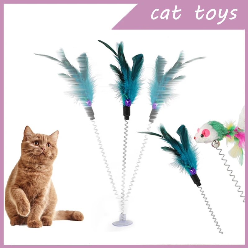 Juguete para gatos con ventosa colorida, pluma de primavera con campana, juguetes para mascotas, suministros para gatos, varita multicolor de felpa, juguetes interactivos para mascotas