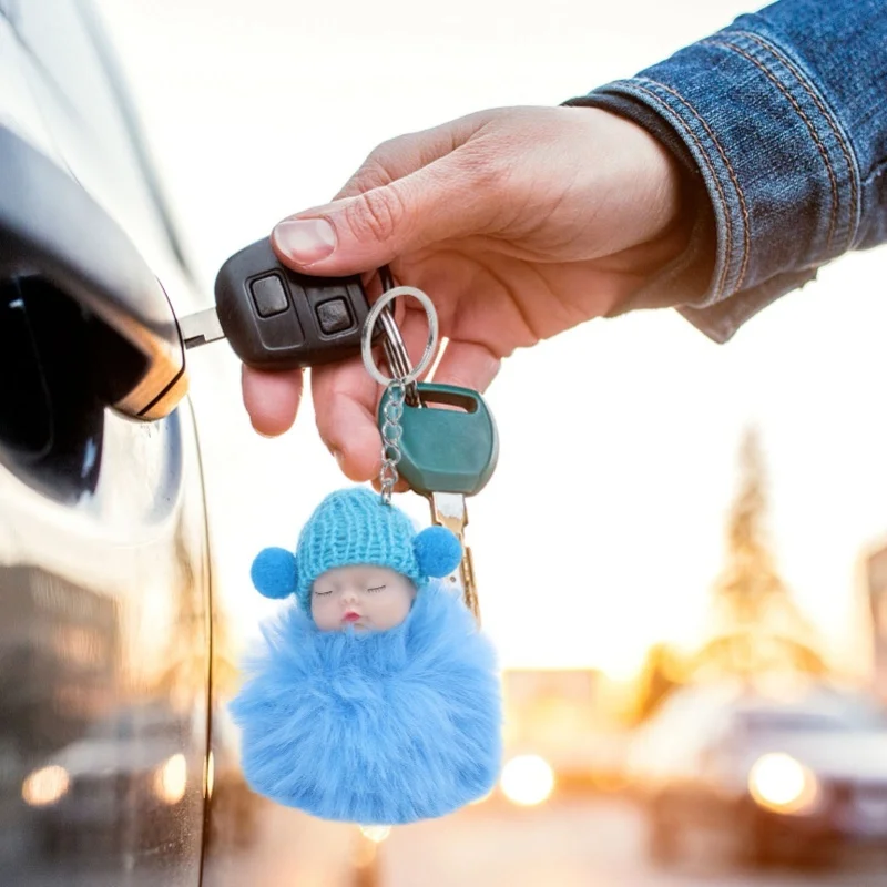 12 Pcs Sleeping Baby Pendant Key Ring Plush Fluffy Cute Emulational Doll For Handbag Purse NO.892-15