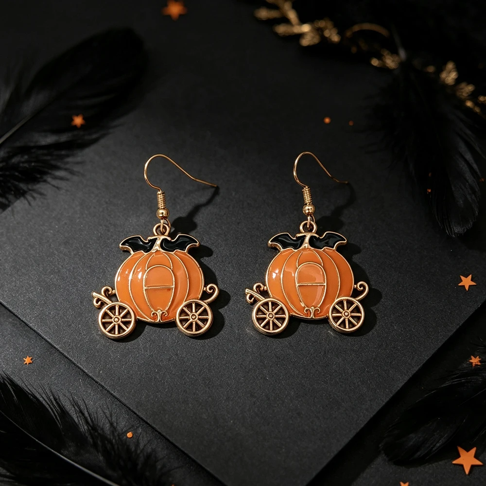Halloween Cinderella Pumpkin Carriage Earrings Bat Decorated Fairy Tale Pumpkin Carriage Oil Drop Earrings Festive Atmosphere Earrings
