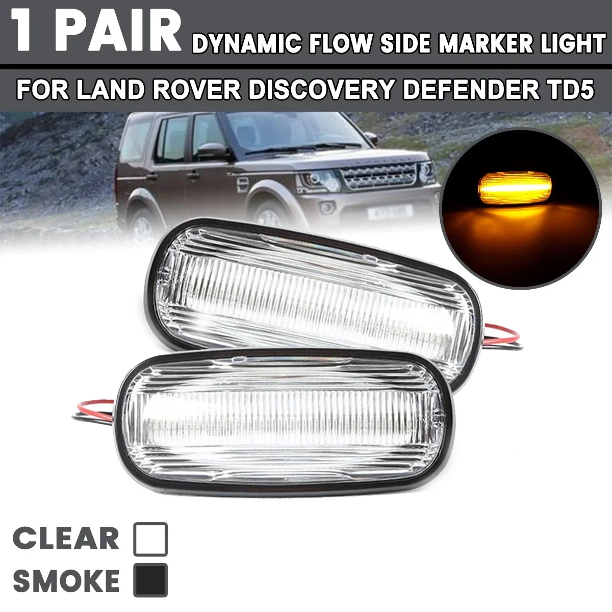 2Pcs For Land Rover Discovery Defender TD5 Flowing Side Marker Lamp Dynamic LED Side Repeater Indicator Light