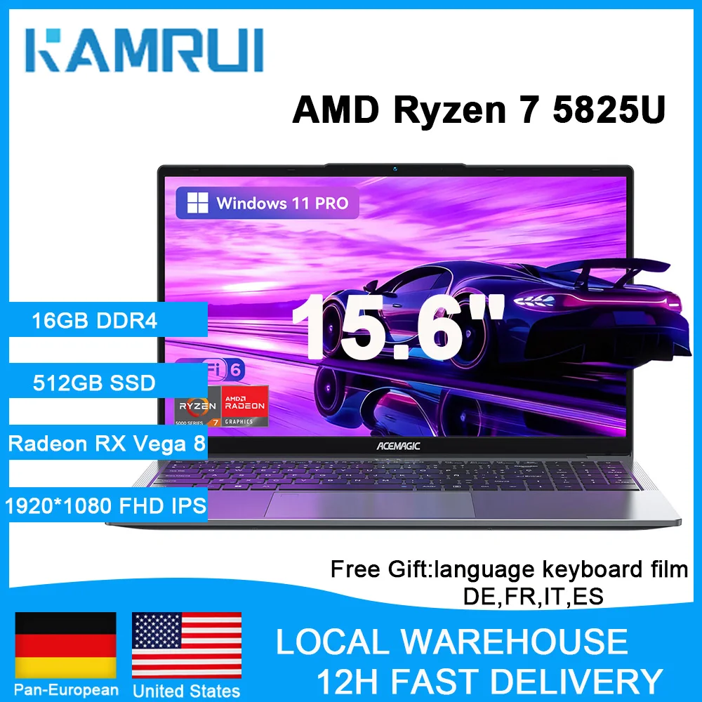 KAMRUI Gaming Laptop 15.6" IPS FHD AMD Ryzen 7 5700U/5825U 16GB DDR4 512GB NVMe SSD Radeon RX Vega 8 Windows 11 PRO Notebook
