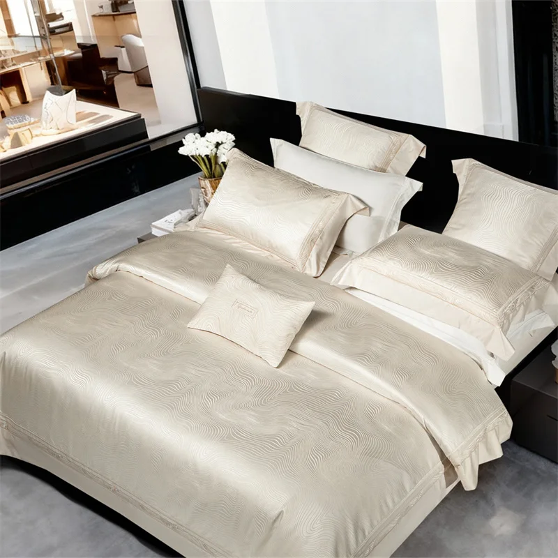 1000TC Egyptian Cotton Wave Jacquard Satin Luxury Bedding Set Embroidery Border Silky Duvet Cover Set Bed Sheet Pillowcases 4Pcs