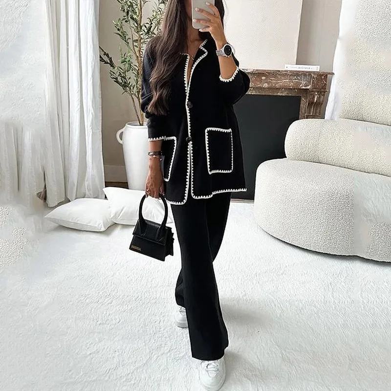 Women Patchwork Pocket Long Sleeve Knit Pant Set Fashion Single Breasted Cardigan Coats Autumn Winter Female Warm Street Jacket