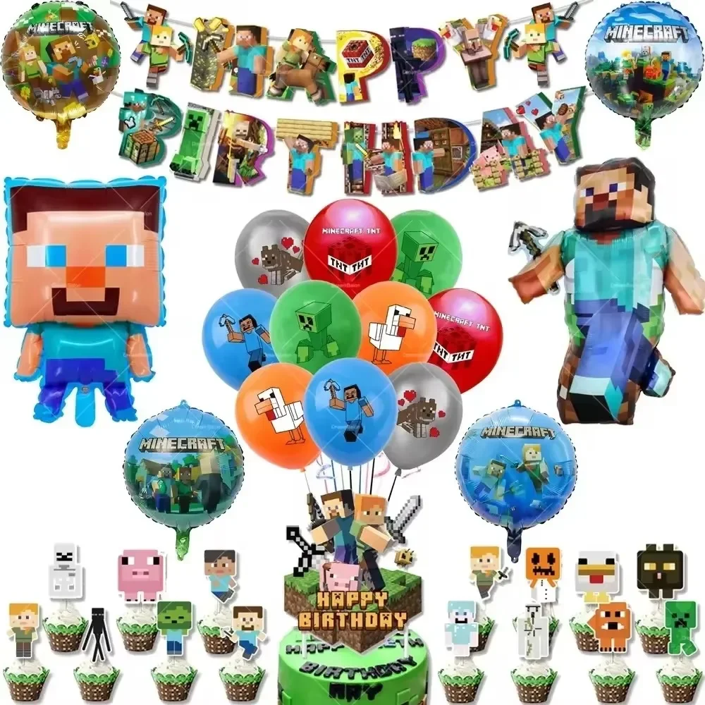 Minecrafte Balloons Pixel Game Ballons Happy Birthday Banner Party Decoration Disposable Tableware Cake Topper Supplies Keychain