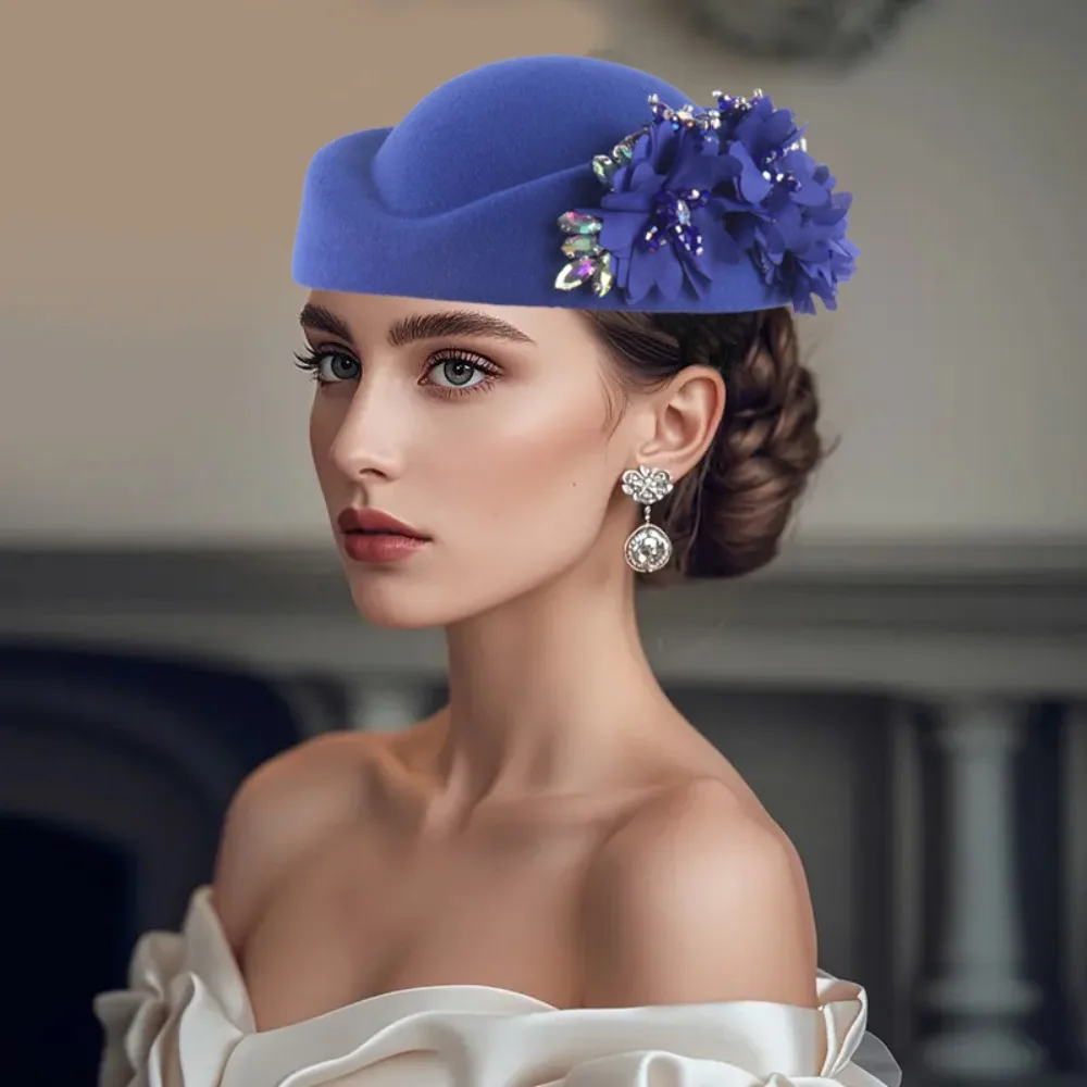 Fashion With Flower Felt Turban Hat Casual Vintage Church Derby Fascinator Hat Soft Tea Party Cap for Women