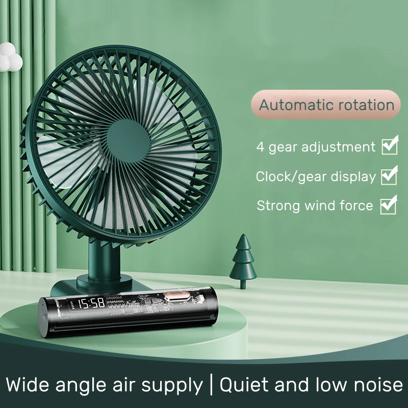 

Home Appliances Portable 3600mAh USB Rechargeable Table Fan Auto Rotation Ventilador 4 Gear Wind Silent Air Cooler Clock Fan