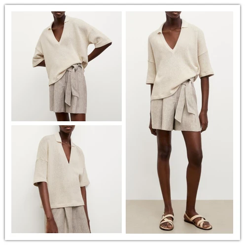 

Loose V-Ne ort Sve irt Summer New Arrival Beige Color Overhead Top Street Sle Knittedwear Regular Sve Length