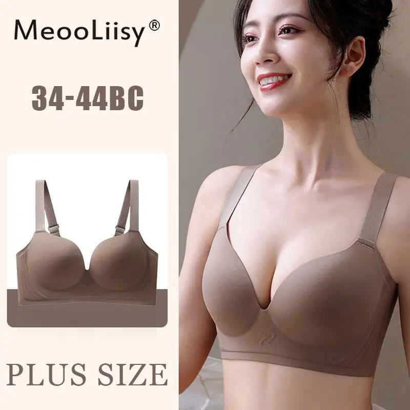 

MeooLiisy Plus Size Seamless Underwear Women's Minimizer Sexy Plunge Full Cup Bras Thin Cup Push Up No Wire Lingerie