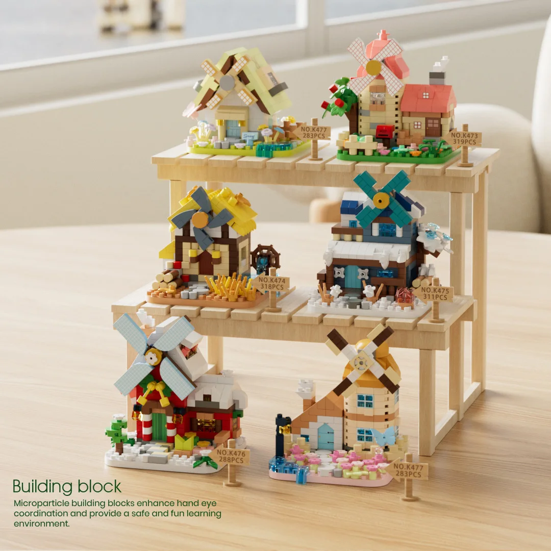 MOC Windmill Cottage Micro Building Blocks Kit Wooden House Hut Log Cabin Bricks Toys for kids Gift