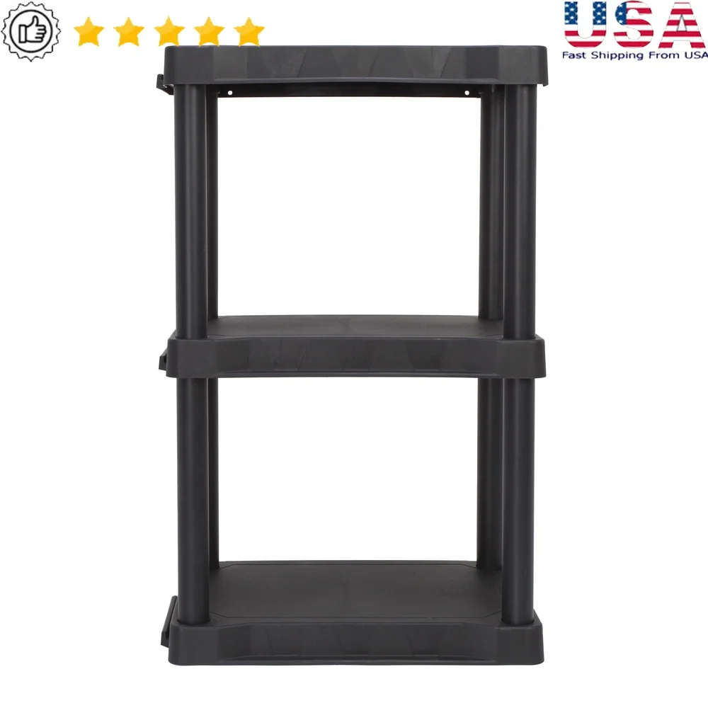 

Прочный черный пластиковый 3-уровневый стеллаж высотой 32 дюйма Простая сборка Не требуется инструменты Общая емкость 150 фунтов Идеальный подвал в гараже