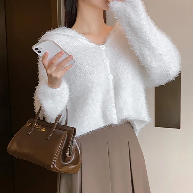 Korean Flurry Mohair Cropped White Knitted Cardigan Navy Collar Short Sweater Coat Imitation Mink Cashmere Thicken Warm Jacket